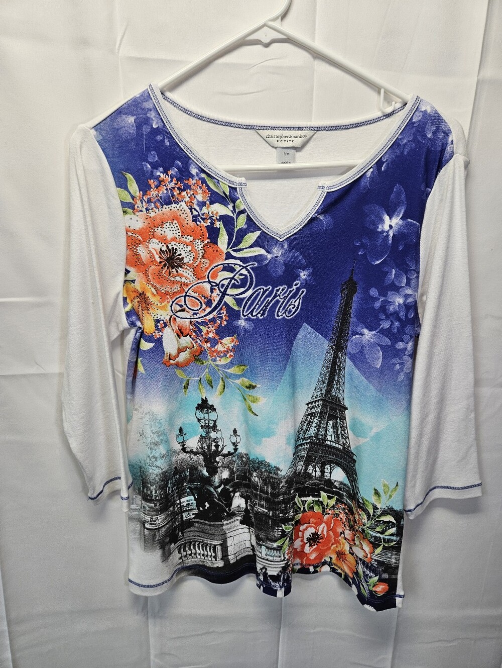 Christopher and Banks Paris Print Floral Scoop-Neck Top - Blue & White